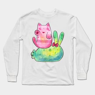 Pink Cat and Green Bunny Long Sleeve T-Shirt